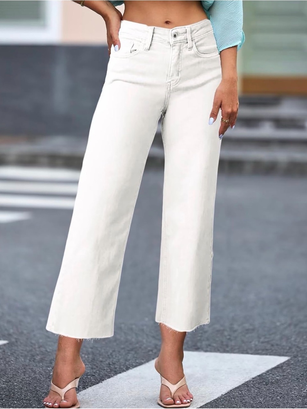 Allimy White Wide Leg Cropped Jeans Raw Hem Size 14 Stretch